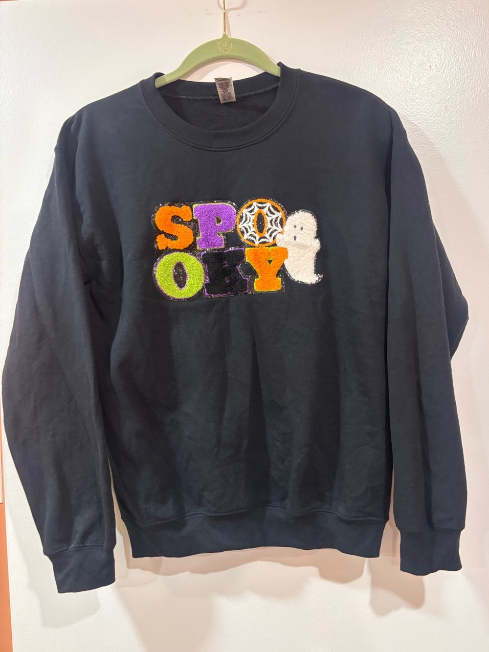 Gildan Black Crewneck Sweatshirt with Colorful "SPOOKY" Chenille Patch